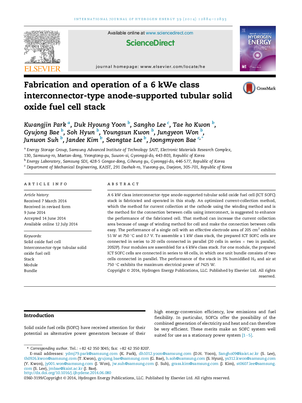 Fabrication and operation of a 6Â kWe class interconnector-type anode-supported tubular solid oxide fuel cell stack