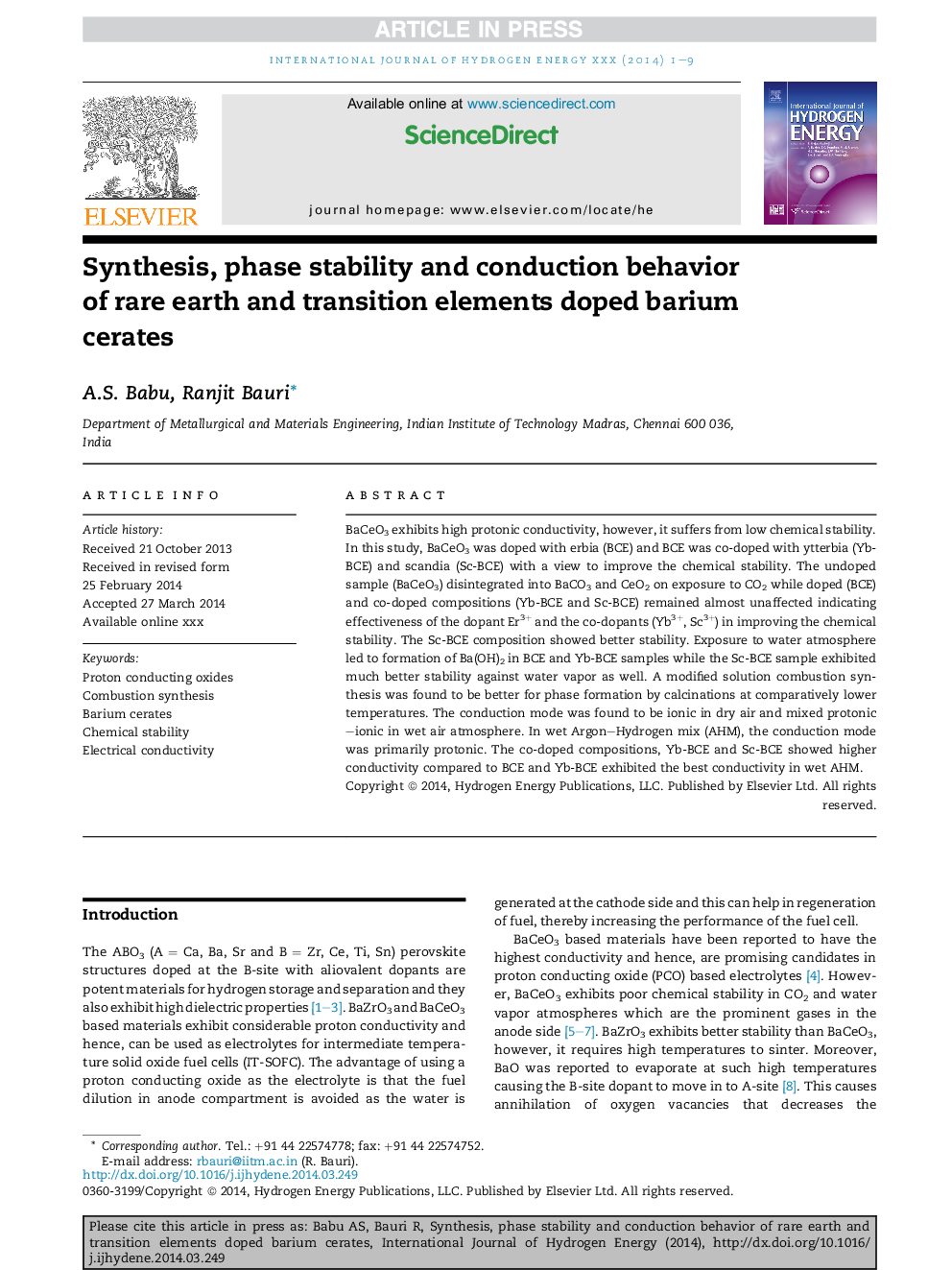 Synthesis, phase stability and conduction behavior of rare earth and transition elements doped barium cerates