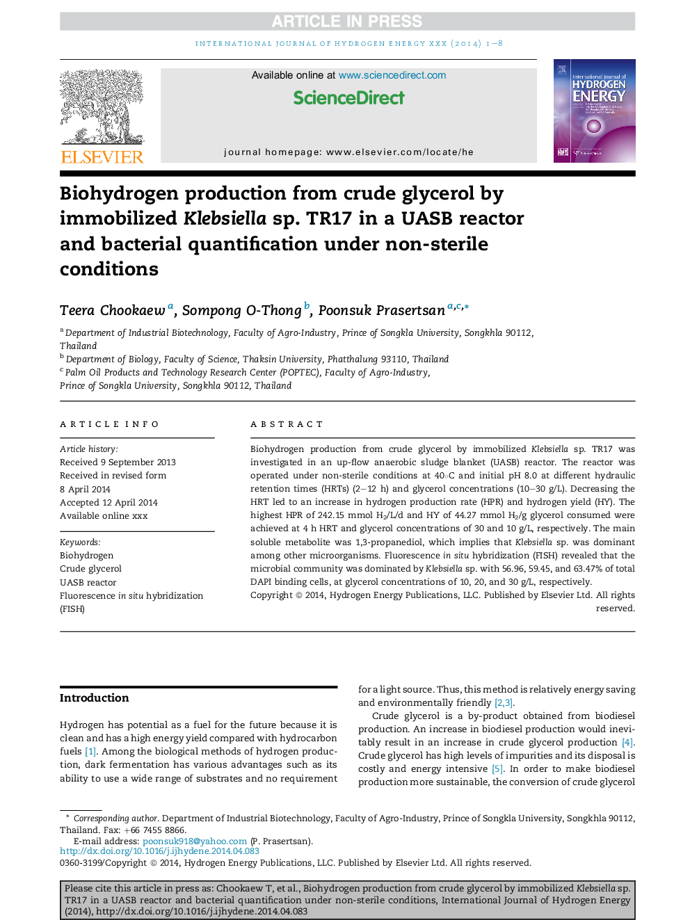 Biohydrogen production from crude glycerol by immobilized Klebsiella sp. TR17 in a UASB reactor and bacterial quantification under non-sterile conditions