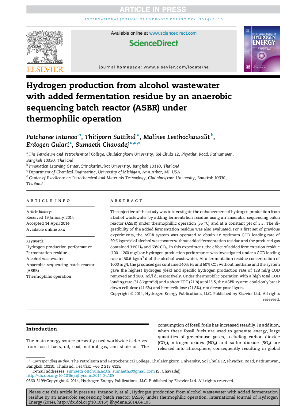 Hydrogen production from alcohol wastewater with added fermentation residue by an anaerobic sequencing batch reactor (ASBR) under thermophilic operation