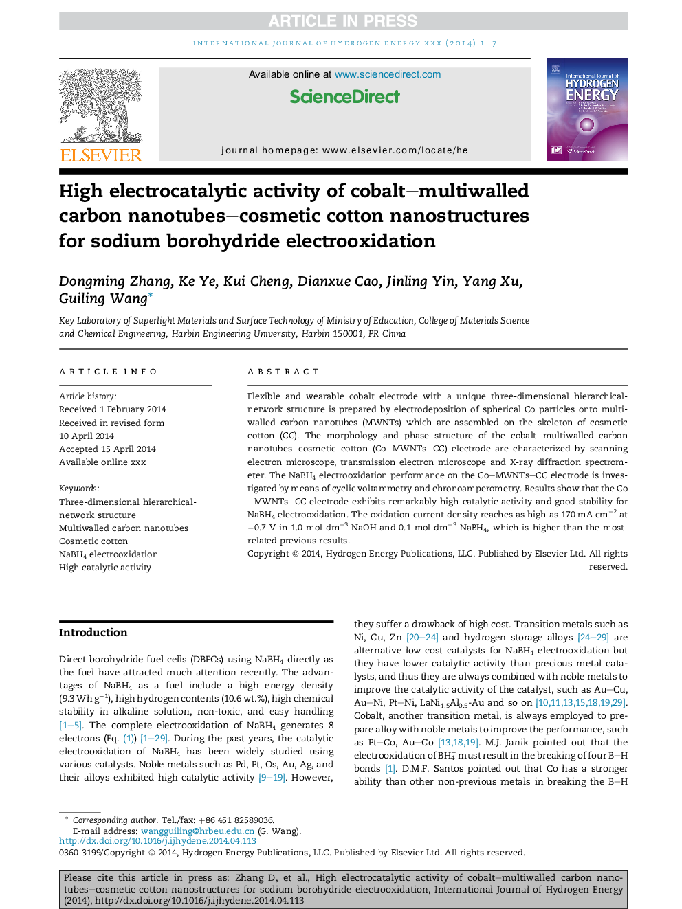 High electrocatalytic activity of cobalt-multiwalled carbon nanotubes-cosmetic cotton nanostructures for sodium borohydride electrooxidation