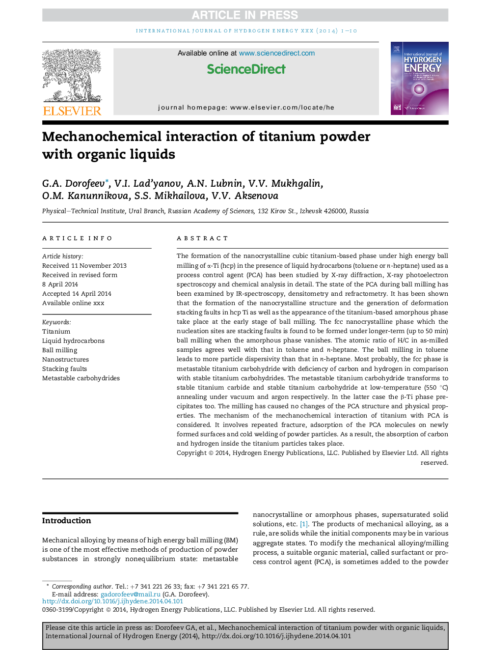 Mechanochemical interaction of titanium powder with organic liquids