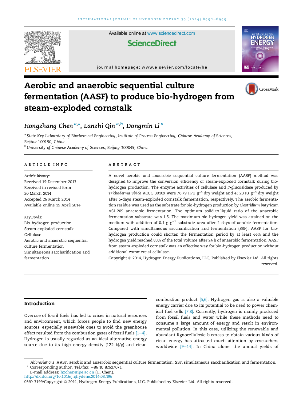 Aerobic and anaerobic sequential culture fermentation (AASF) to produce bio-hydrogen from steam-exploded cornstalk