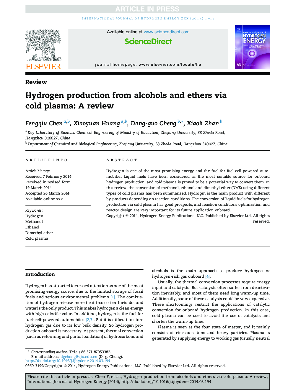 Hydrogen production from alcohols and ethers via cold plasma: A review