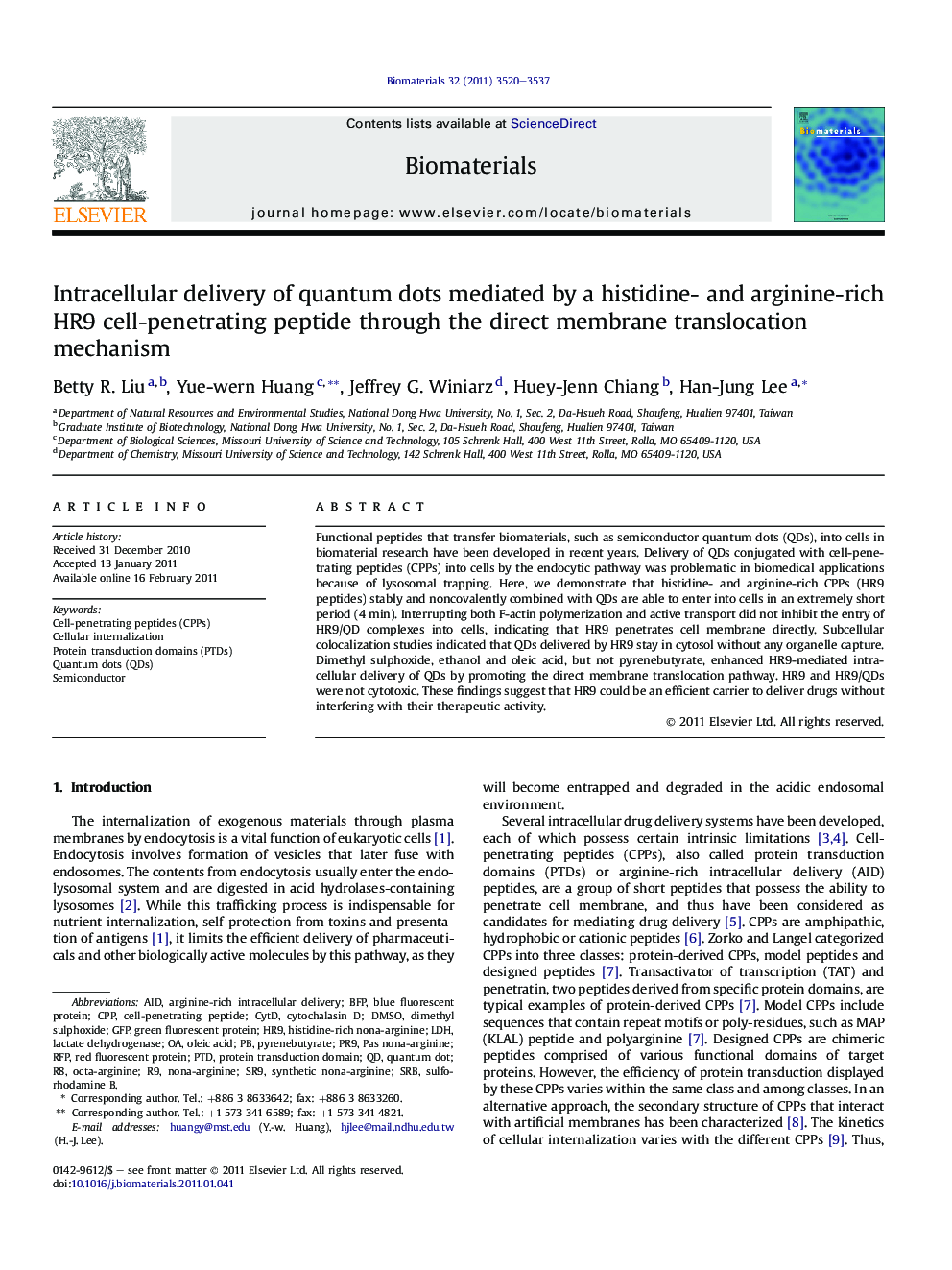 Intracellular delivery of quantum dots mediated by a histidine- and arginine-rich HR9 cell-penetrating peptide through the direct membrane translocation mechanism