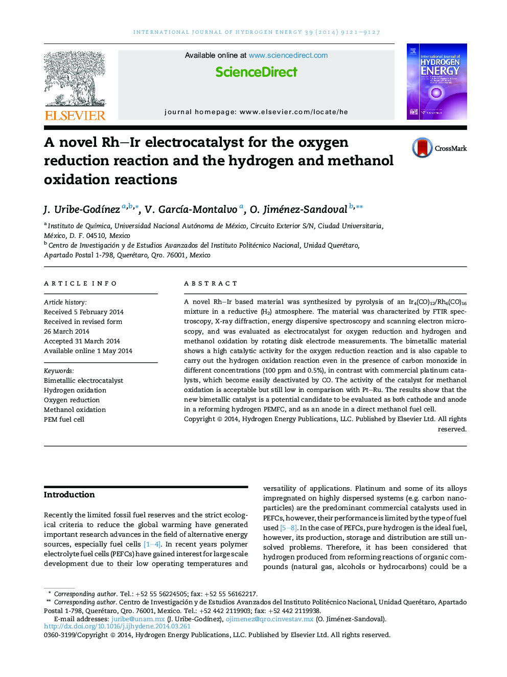 A novel Rh-Ir electrocatalyst for the oxygen reduction reaction and the hydrogen and methanol oxidation reactions