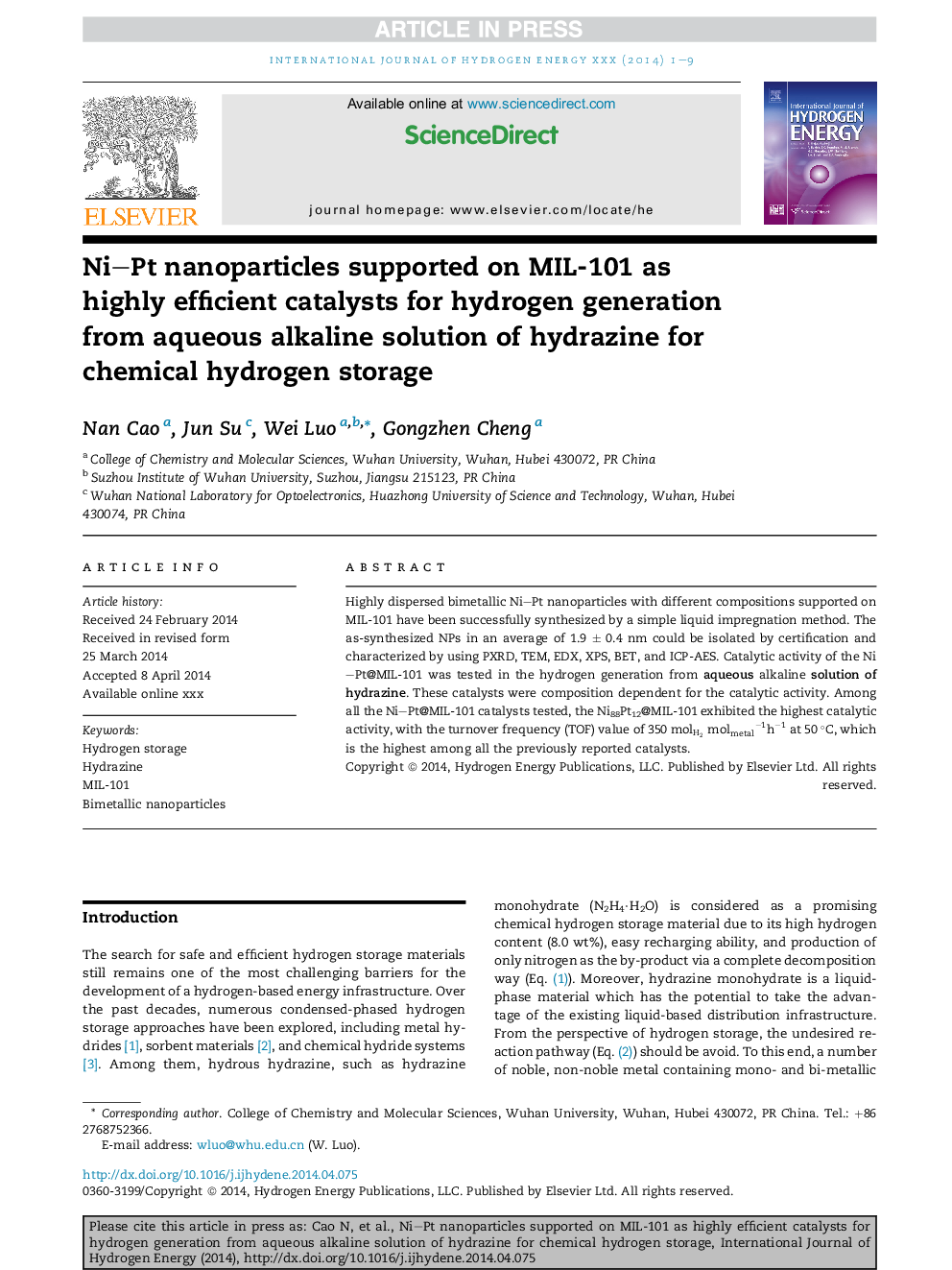 Ni-Pt nanoparticles supported on MIL-101 as highly efficient catalysts for hydrogen generation from aqueous alkaline solution of hydrazine for chemical hydrogen storage