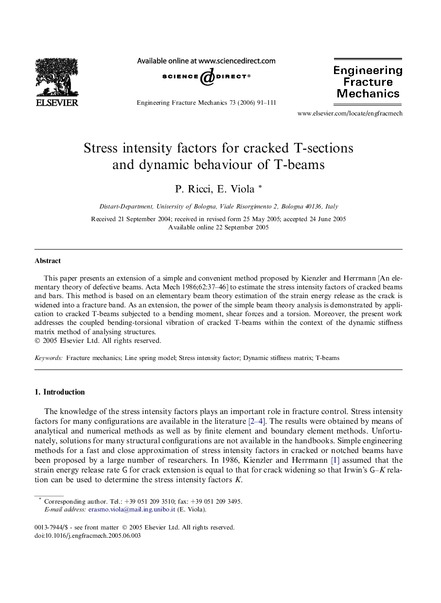 Stress intensity factors for cracked T-sections and dynamic behaviour of T-beams