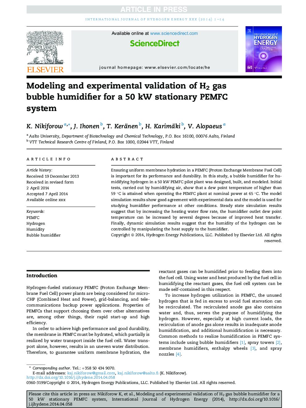 Modeling and experimental validation of H2 gas bubble humidifier for a 50Â kW stationary PEMFC system