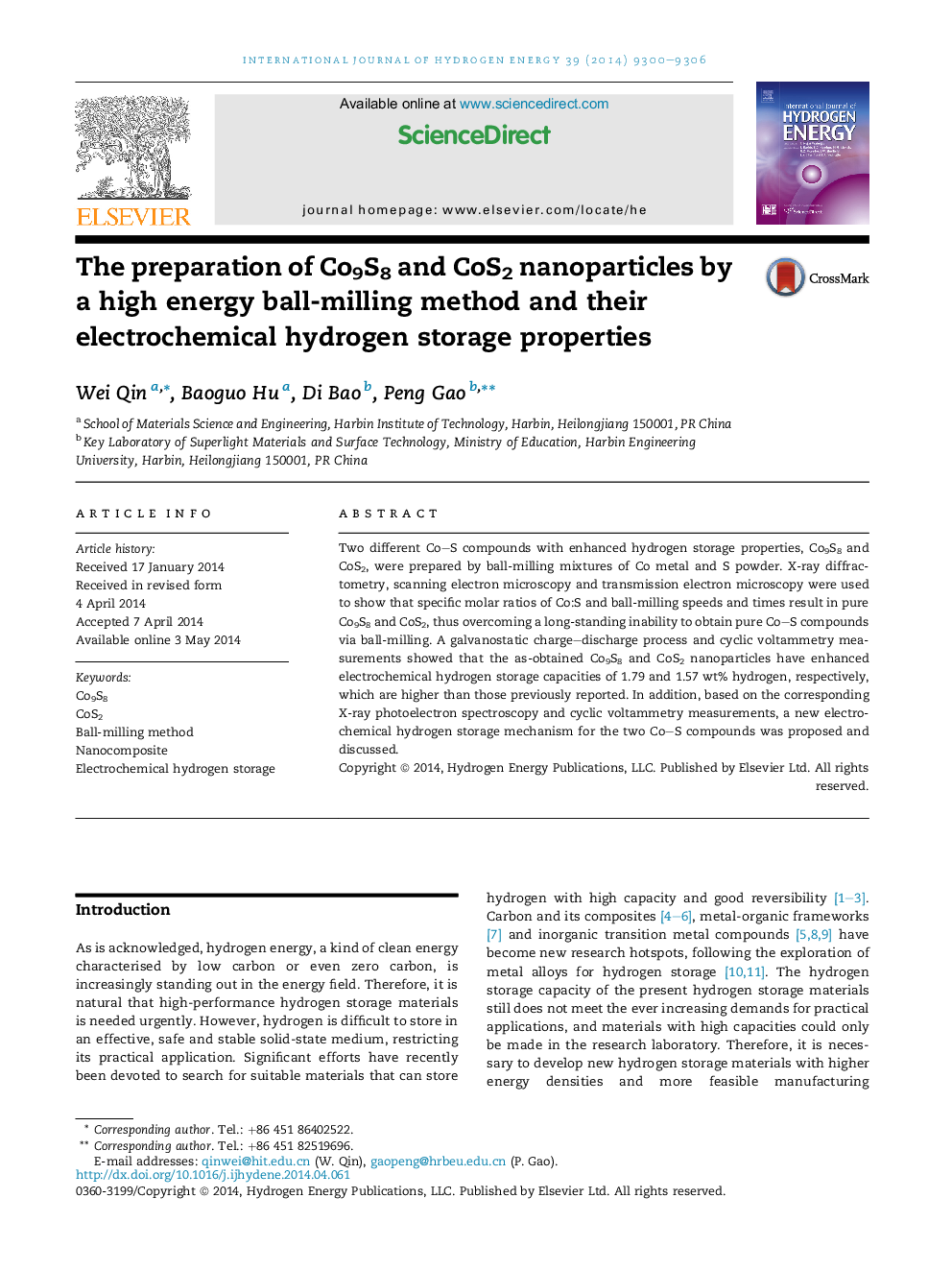 The preparation of Co9S8 and CoS2 nanoparticles by a high energy ball-milling method and their electrochemical hydrogen storage properties