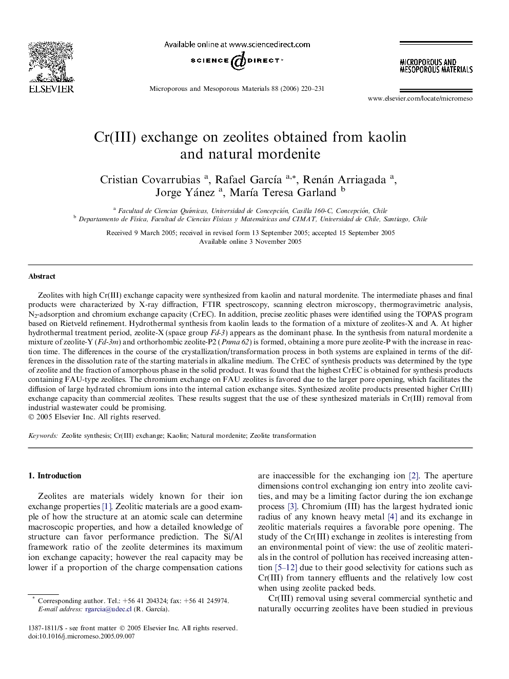 Cr(III) exchange on zeolites obtained from kaolin and natural mordenite