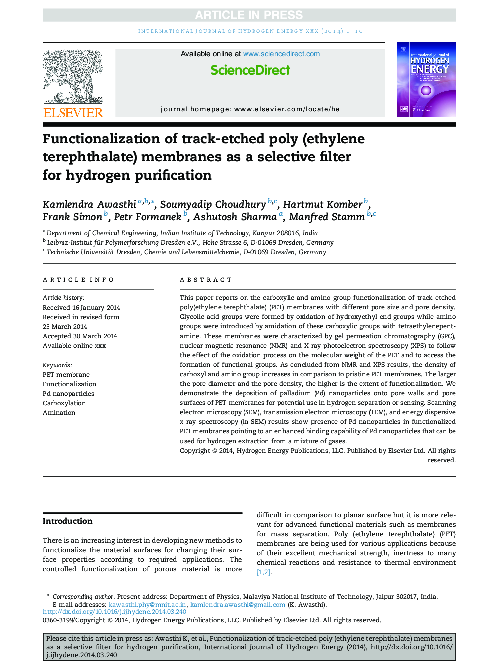 Functionalization of track-etched poly (ethylene terephthalate) membranes as a selective filter forÂ hydrogen purification