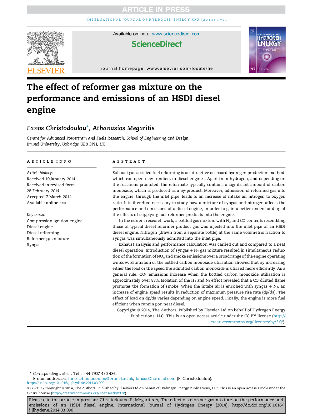 The effect of reformer gas mixture on the performance and emissions of an HSDI diesel engine