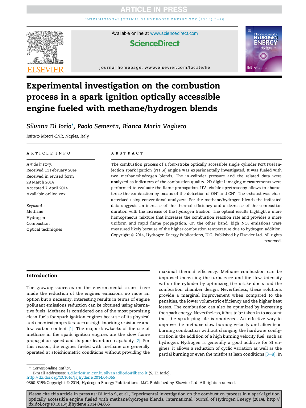 Experimental investigation on the combustion process in a spark ignition optically accessible engine fueled with methane/hydrogen blends