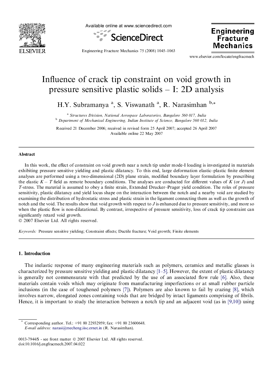 Influence of crack tip constraint on void growth in pressure sensitive plastic solids – I: 2D analysis