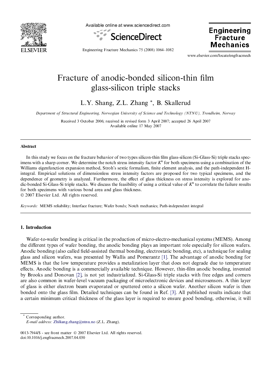 Fracture of anodic-bonded silicon-thin film glass-silicon triple stacks