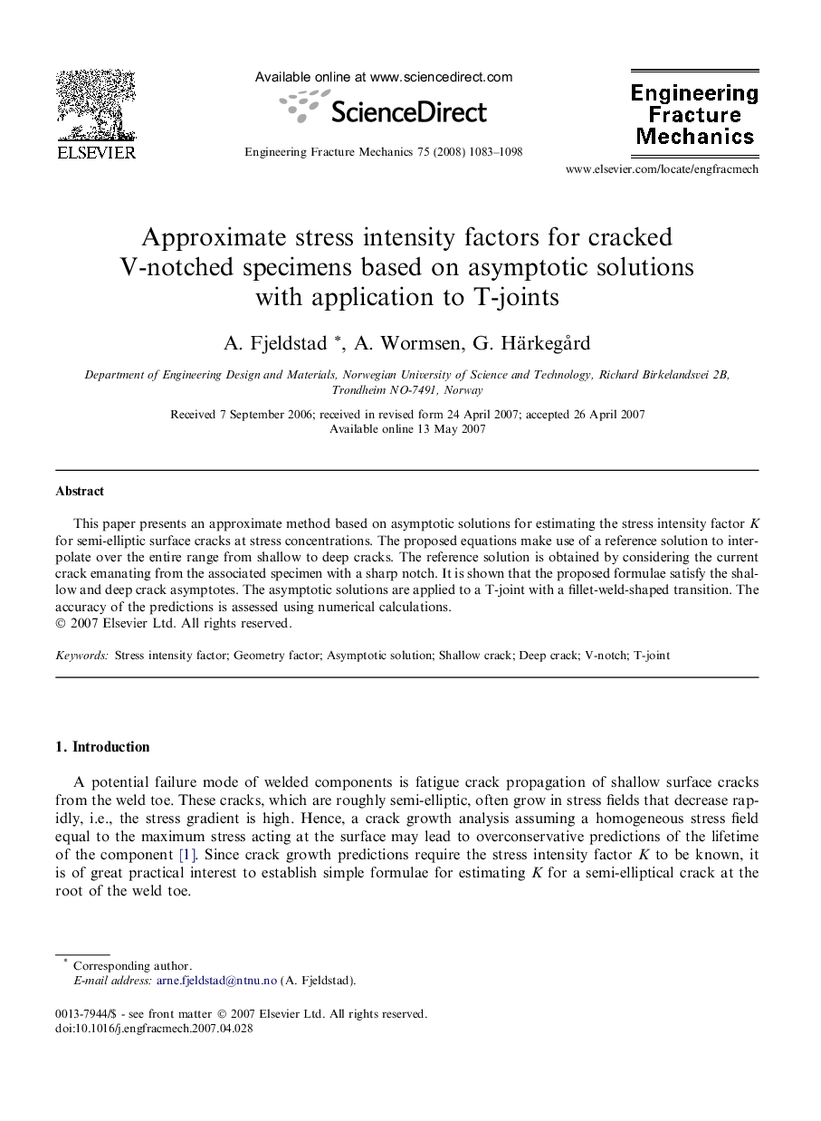 Approximate stress intensity factors for cracked V-notched specimens based on asymptotic solutions with application to T-joints