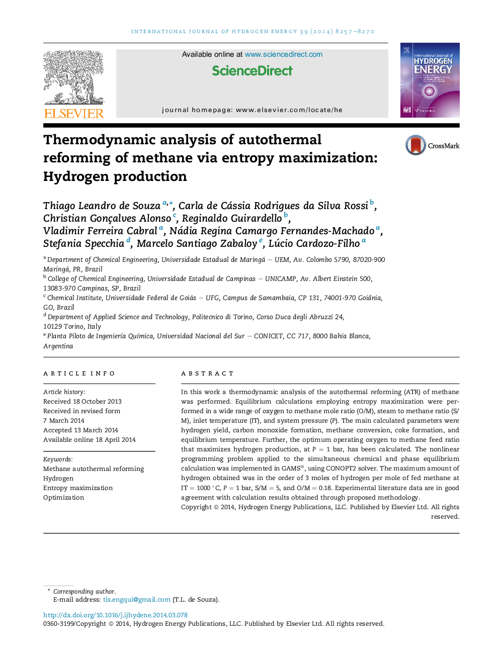 Thermodynamic analysis of autothermal reforming of methane via entropy maximization: Hydrogen production