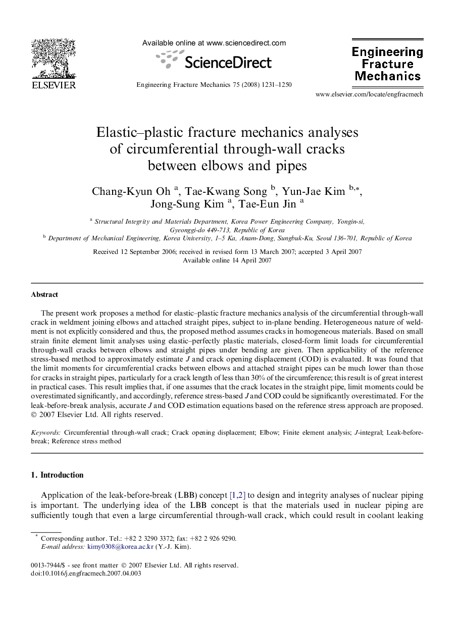 Elastic–plastic fracture mechanics analyses of circumferential through-wall cracks between elbows and pipes