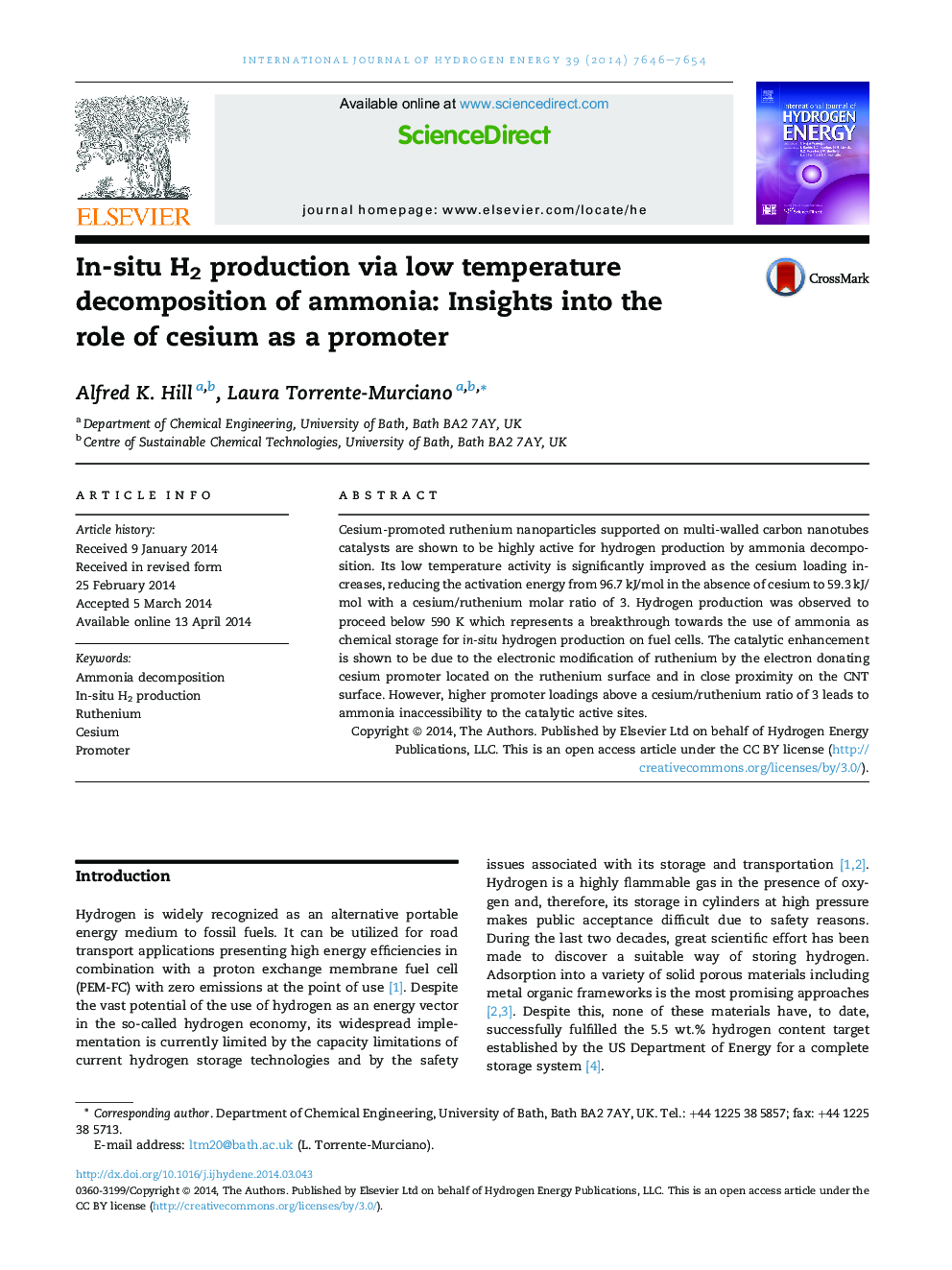 عکس صفحه اول مقاله: In-situ H2 production via low temperature decomposition of ammonia: Insights into the role of cesium as a promoter In-situ H2 production via low temperature decomposition of ammonia: Insights into the role of cesium as a promoter