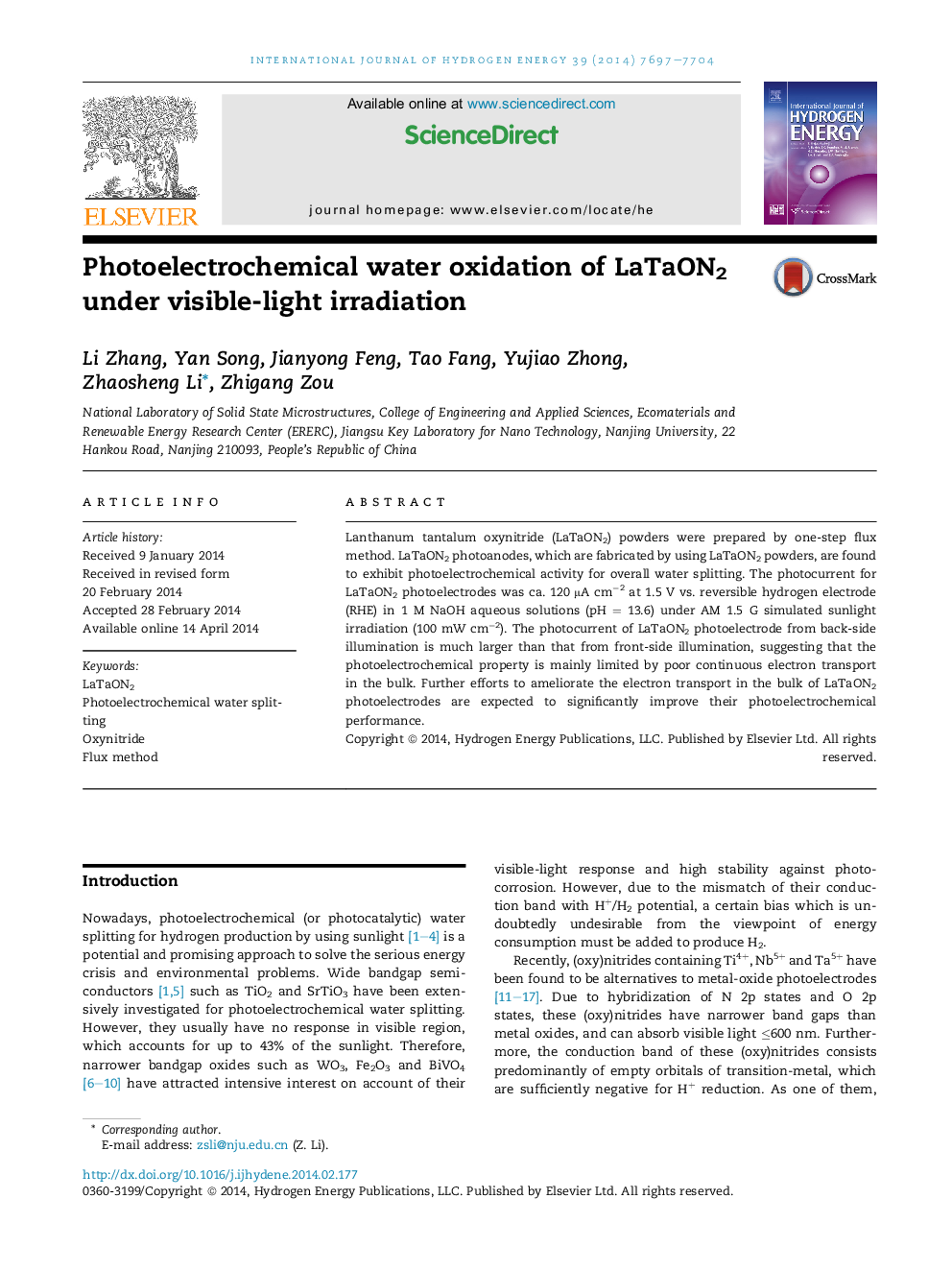 Photoelectrochemical water oxidation of LaTaON2 under visible-light irradiation