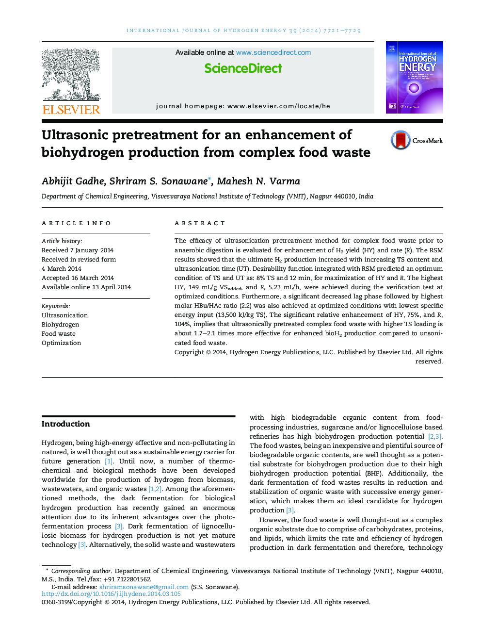 Ultrasonic pretreatment for an enhancement of biohydrogen production from complex food waste