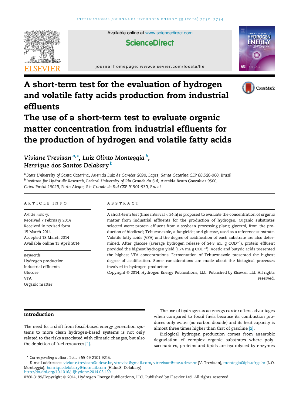 A short-term test for the evaluation of hydrogen and volatile fatty acids production from industrial effluents