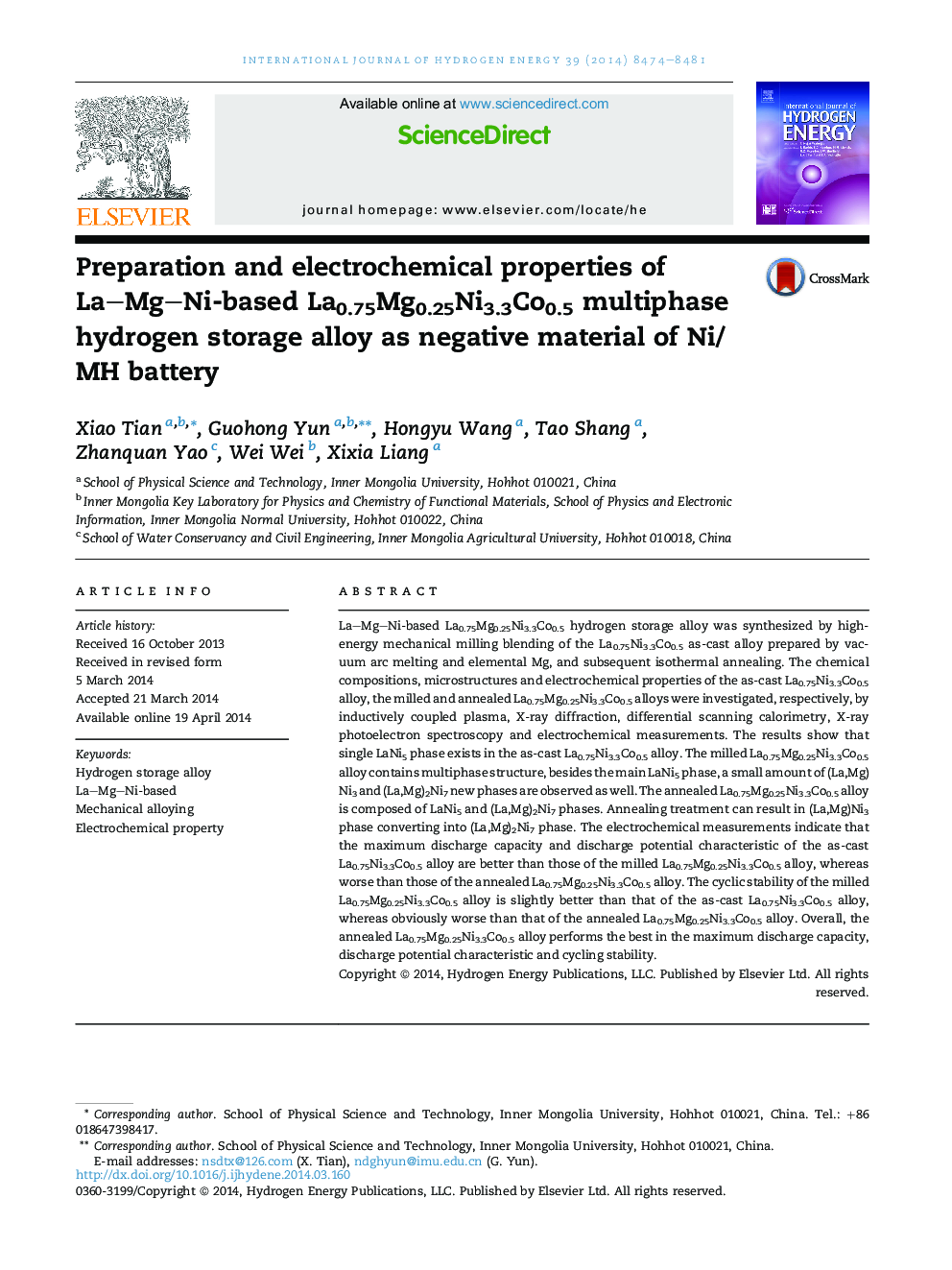 Preparation and electrochemical properties of La-Mg-Ni-based La0.75Mg0.25Ni3.3Co0.5 multiphase hydrogen storage alloy as negative material of Ni/MH battery