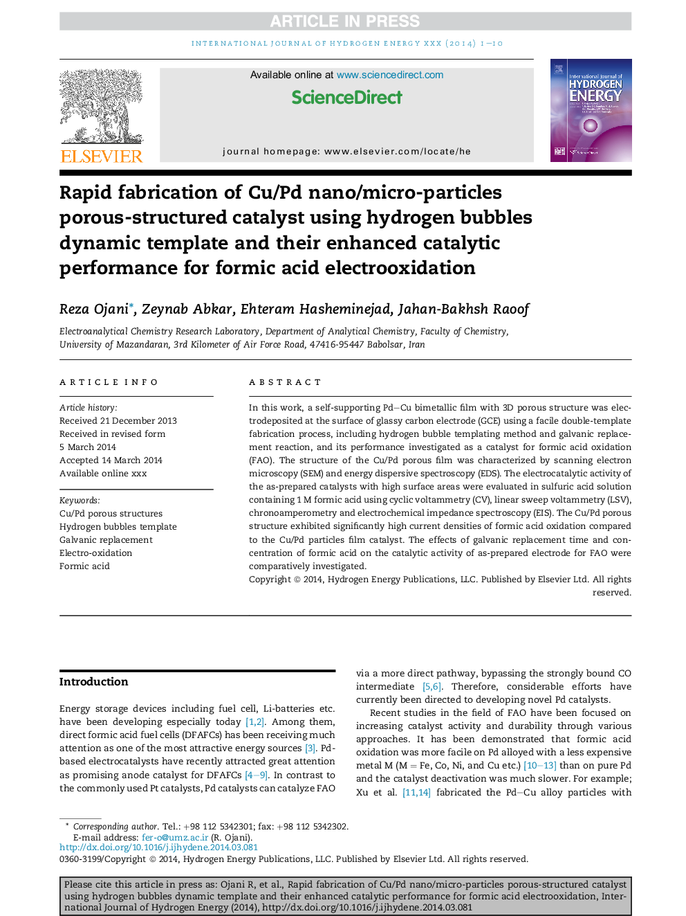 Rapid fabrication of Cu/Pd nano/micro-particles porous-structured catalyst using hydrogen bubbles dynamic template and their enhanced catalytic performance for formic acid electrooxidation