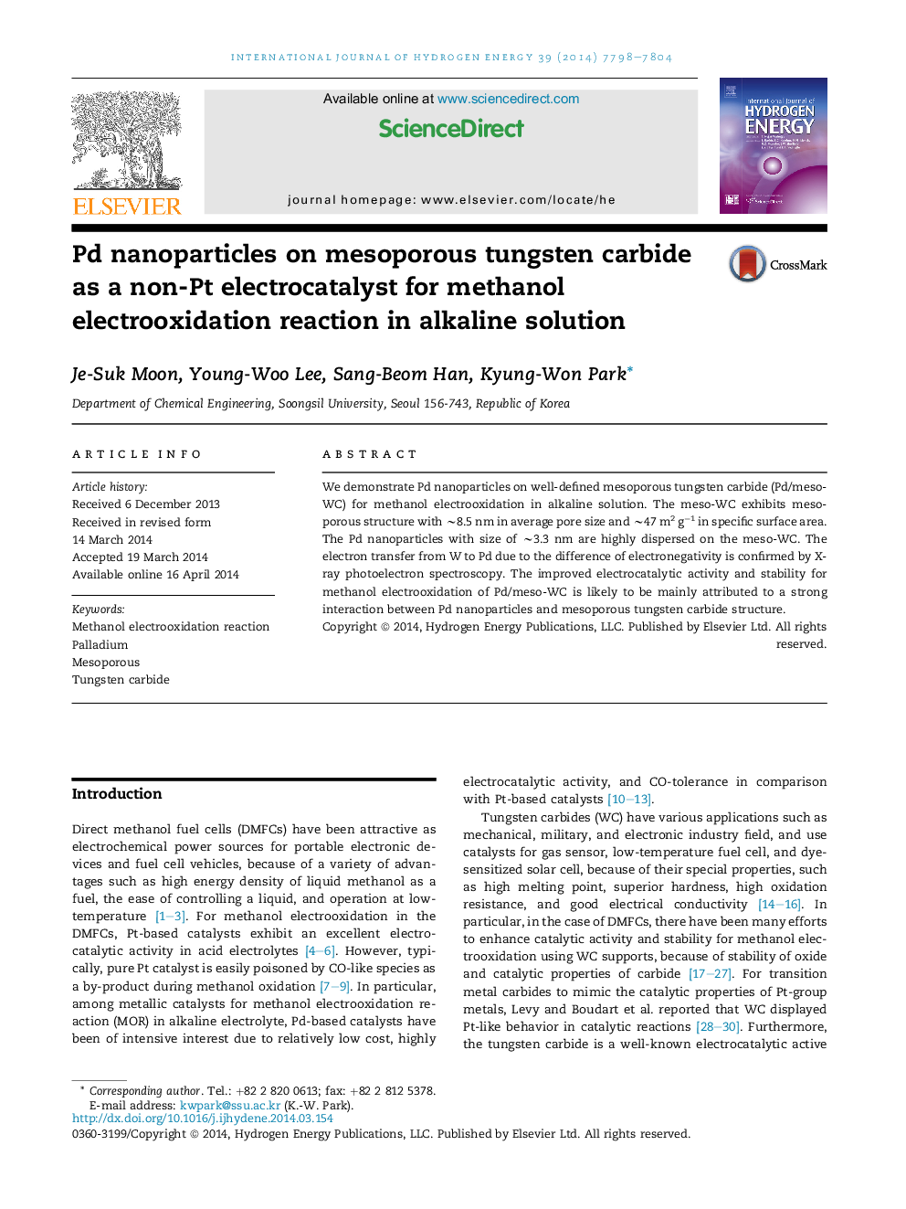 Pd nanoparticles on mesoporous tungsten carbide as a non-Pt electrocatalyst for methanol electrooxidation reaction in alkaline solution