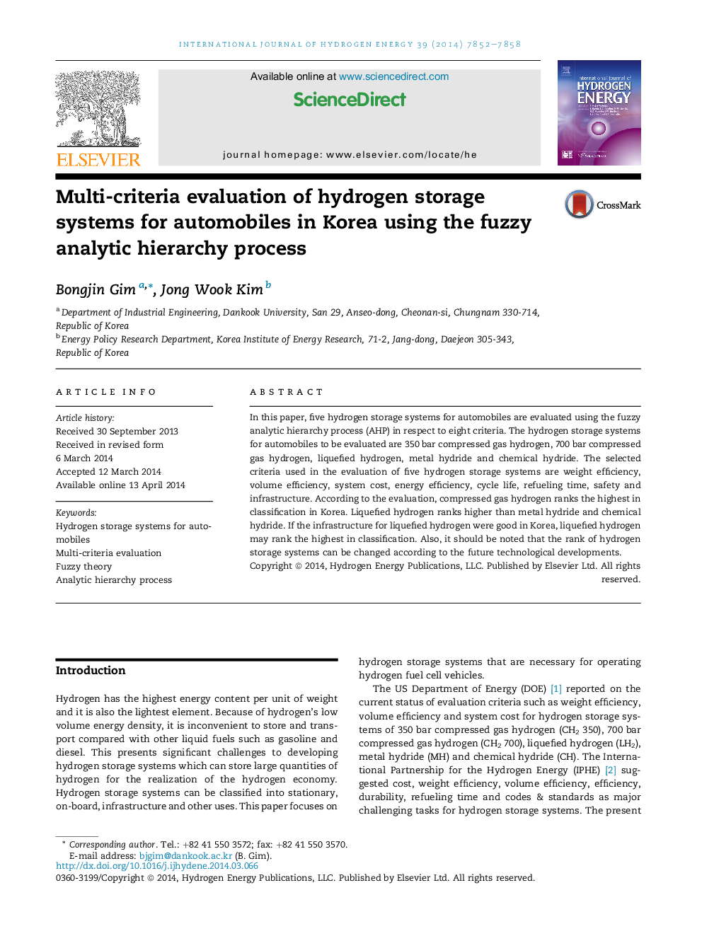 Multi-criteria evaluation of hydrogen storage systems for automobiles in Korea using the fuzzy analytic hierarchy process