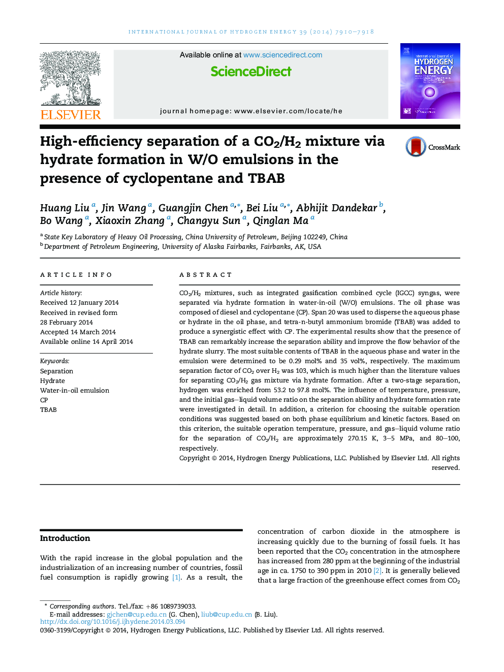 High-efficiency separation of a CO2/H2 mixture via hydrate formation in W/O emulsions in the presence of cyclopentane and TBAB