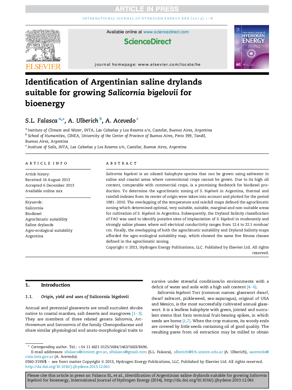 Identification of Argentinian saline drylands suitable for growing Salicornia bigelovii for bioenergy