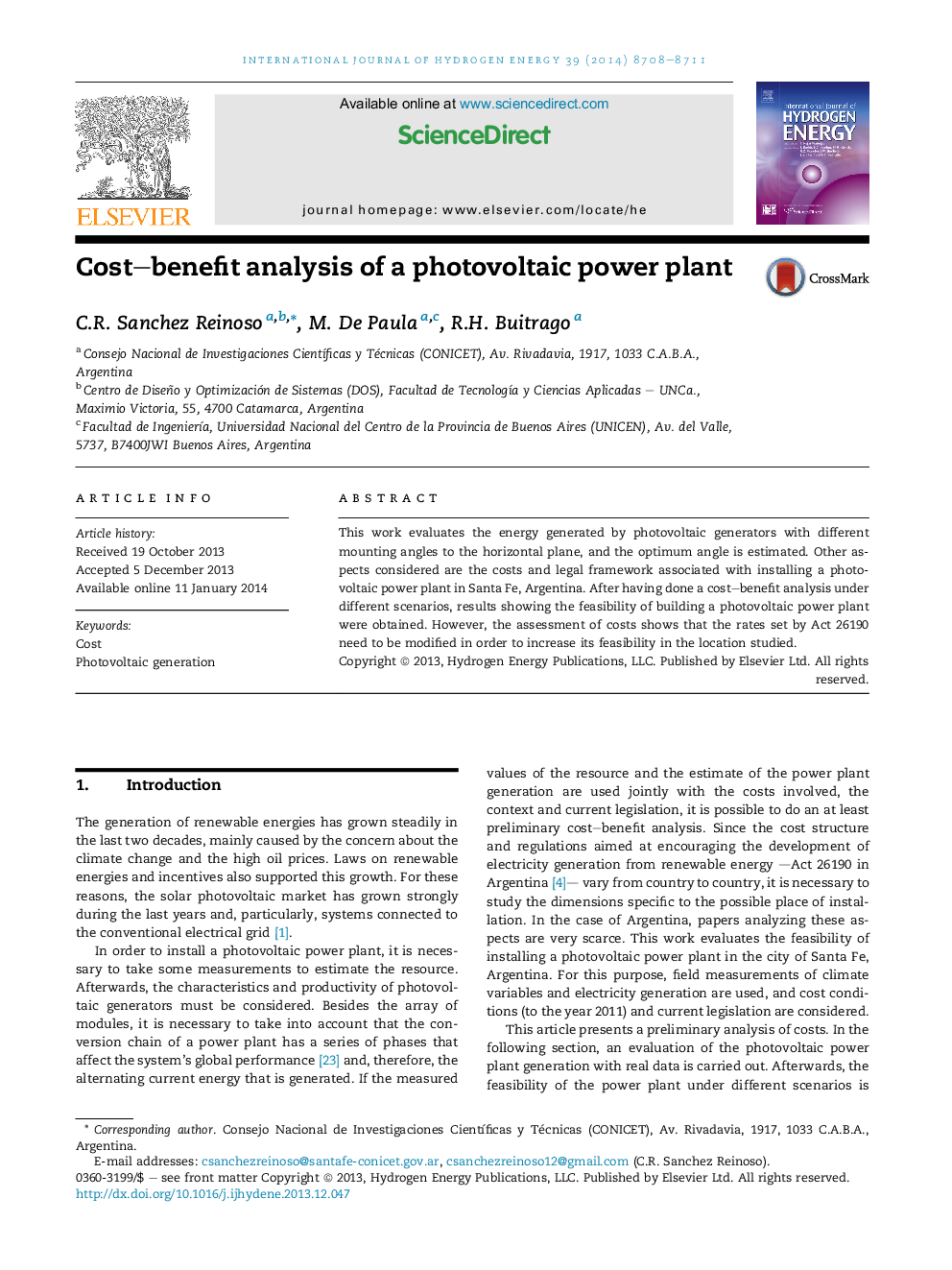 Cost-benefit analysis of a photovoltaic power plant