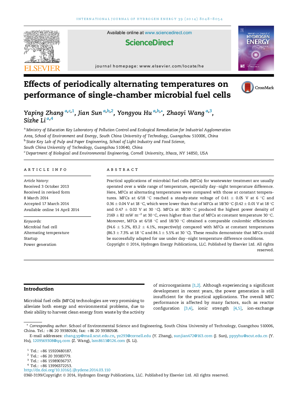 Effects of periodically alternating temperatures on performance of single-chamber microbial fuel cells