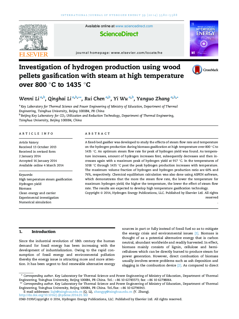 Investigation of hydrogen production using wood pellets gasification with steam at high temperature over 800Â Â°C to 1435Â Â°C