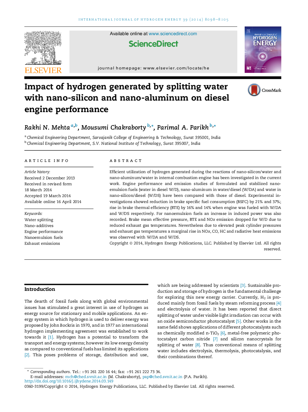 Impact of hydrogen generated by splitting water with nano-silicon and nano-aluminum on diesel engine performance