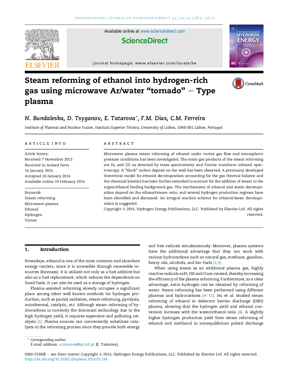 Steam reforming of ethanol into hydrogen-rich gasÂ using microwave Ar/water “tornado” - Type plasma