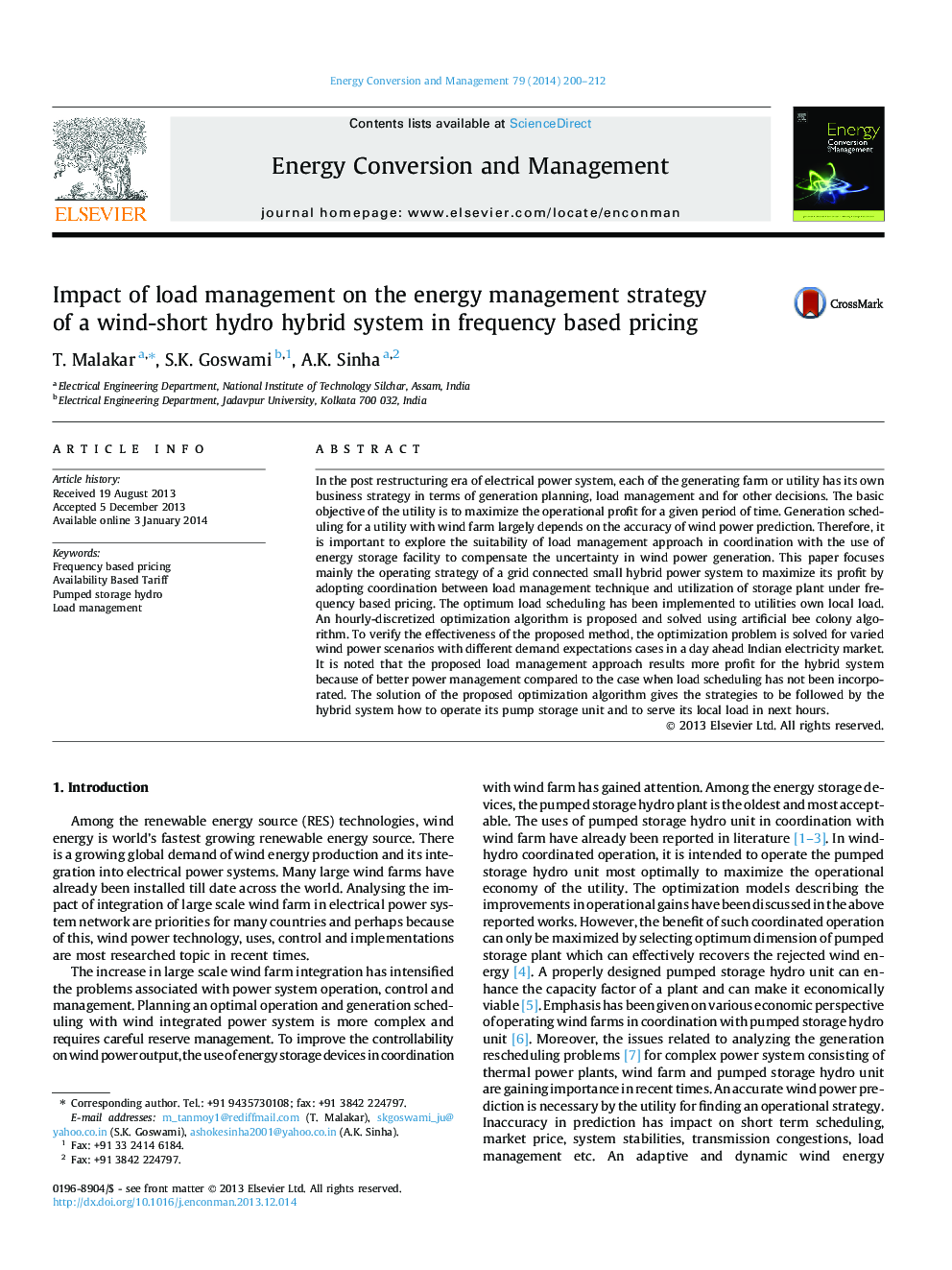 Impact of load management on the energy management strategy of a wind-short hydro hybrid system in frequency based pricing