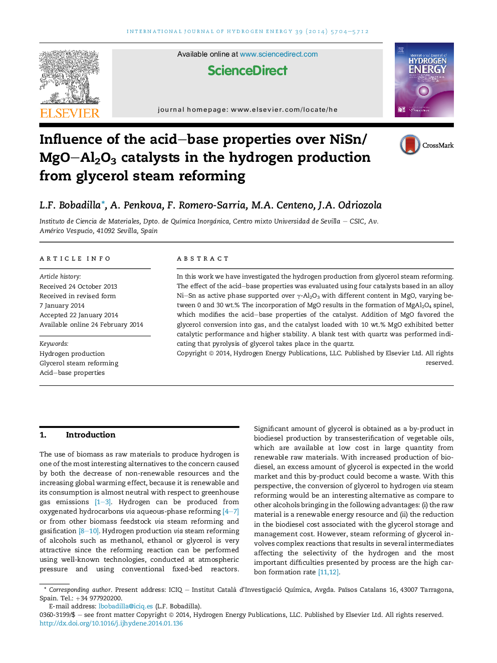 Influence of the acid-base properties over NiSn/MgO-Al2O3 catalysts in the hydrogen production from glycerol steam reforming