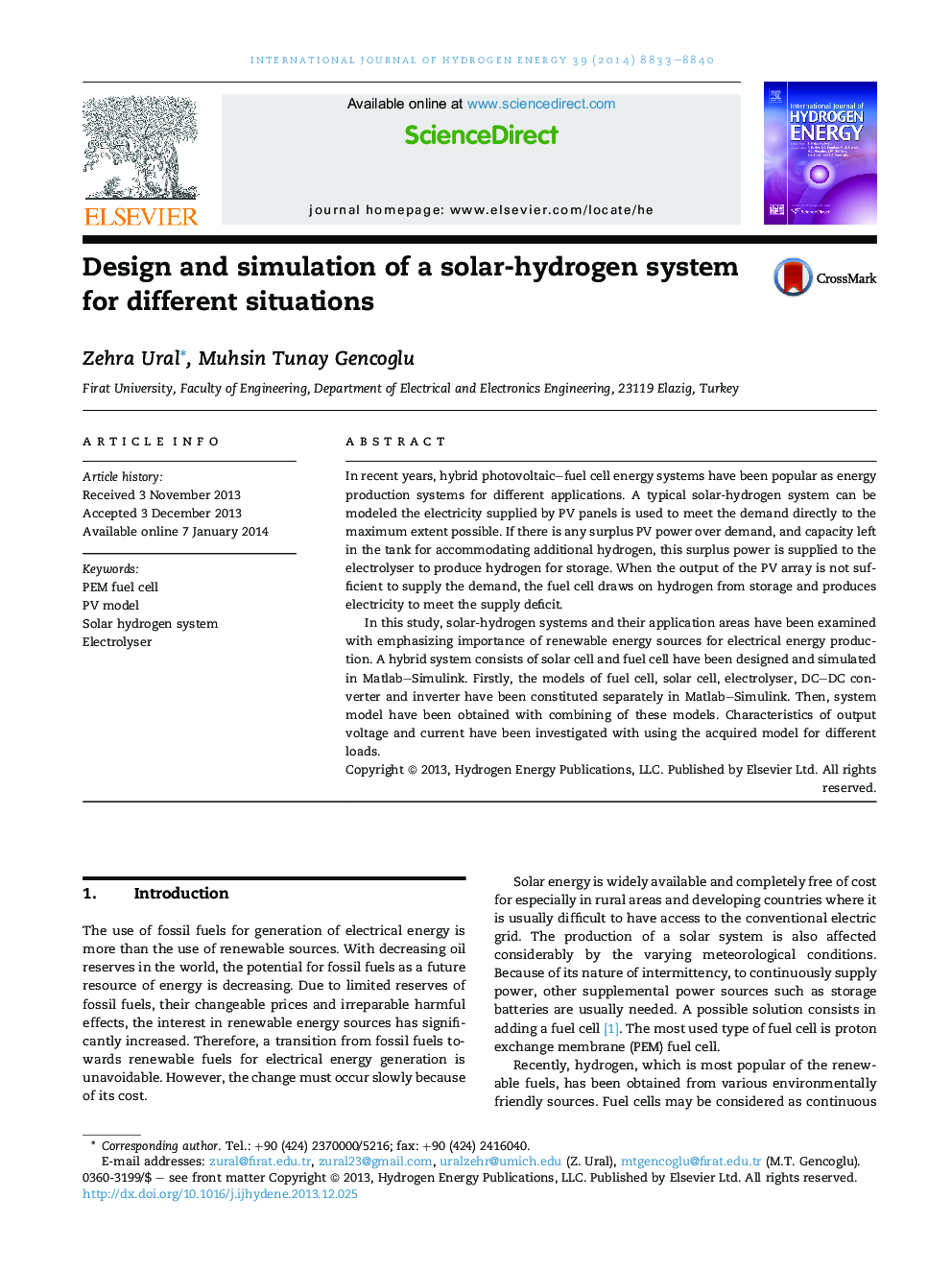 Design and simulation of a solar-hydrogen system for different situations