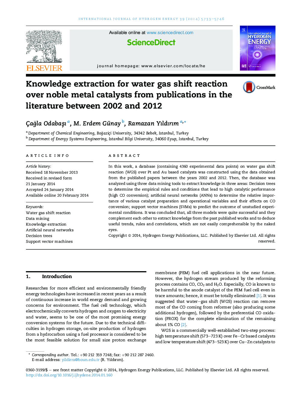 استخراج دانش برای واکنش تغییر آب گاز بر روی کاتالیزورهای فلز نجیب از انتشارات در ادبیات بین سال های 2002 و 2012 