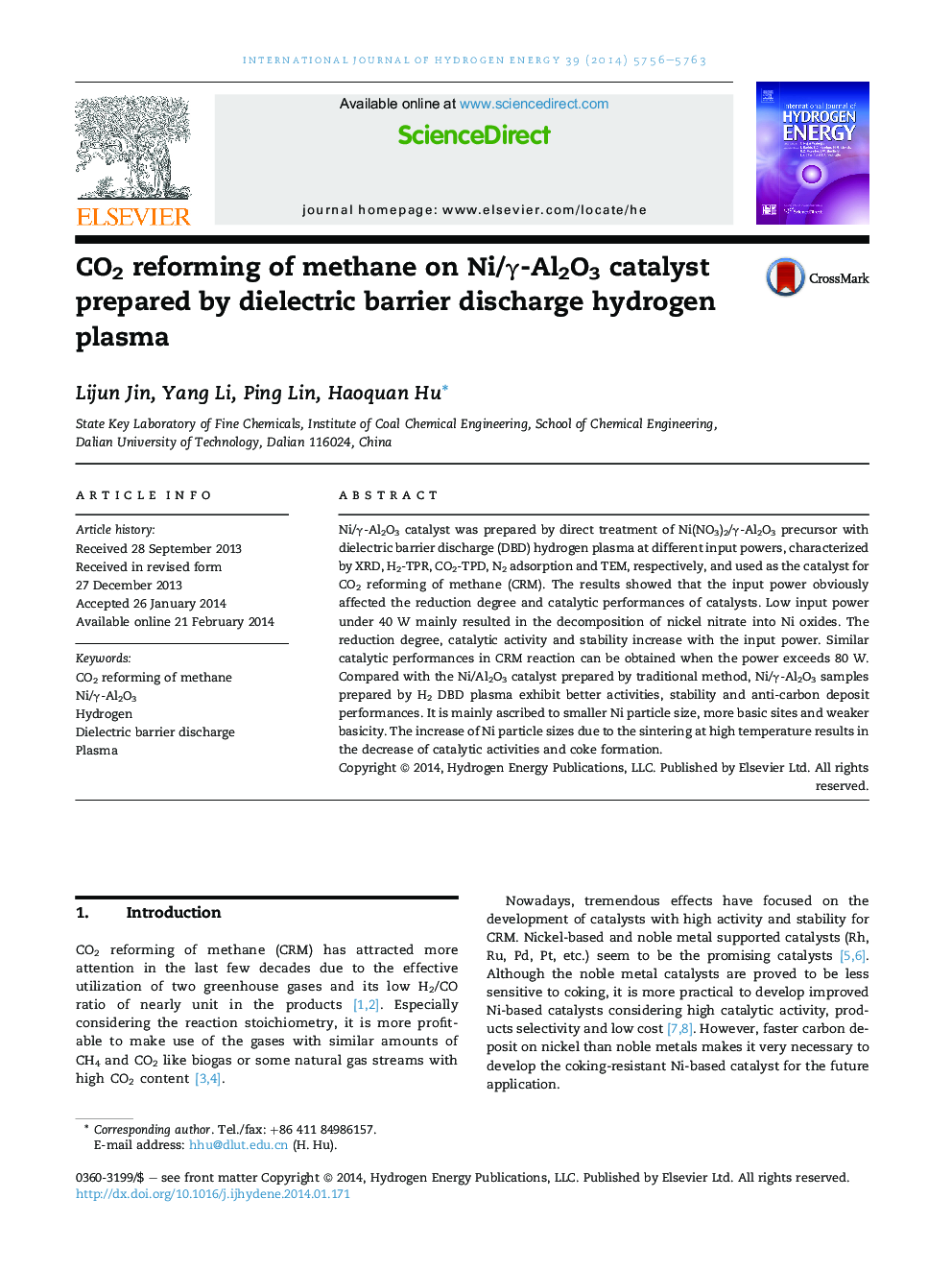 CO2 reforming of methane on Ni/Î³-Al2O3 catalyst prepared by dielectric barrier discharge hydrogen plasma