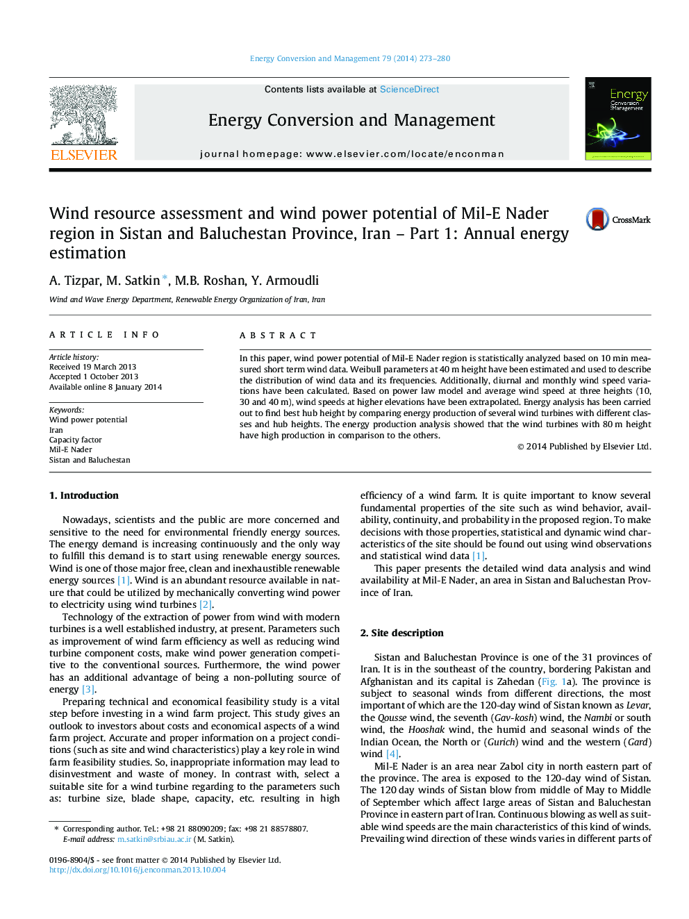 Wind resource assessment and wind power potential of Mil-E Nader region in Sistan and Baluchestan Province, Iran – Part 1: Annual energy estimation