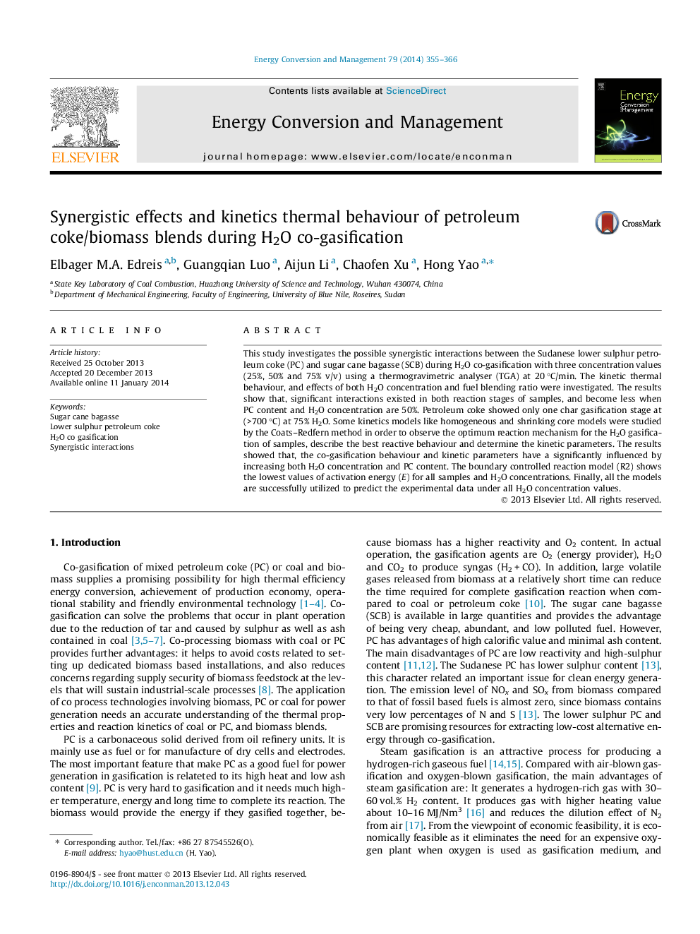 Synergistic effects and kinetics thermal behaviour of petroleum coke/biomass blends during H2O co-gasification