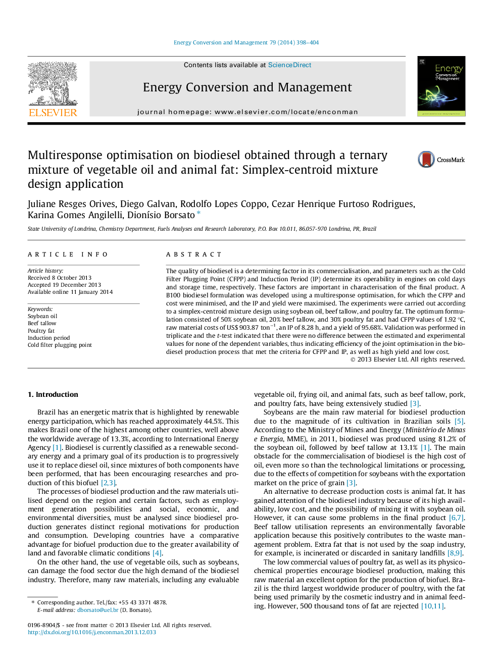 Multiresponse optimisation on biodiesel obtained through a ternary mixture of vegetable oil and animal fat: Simplex-centroid mixture design application