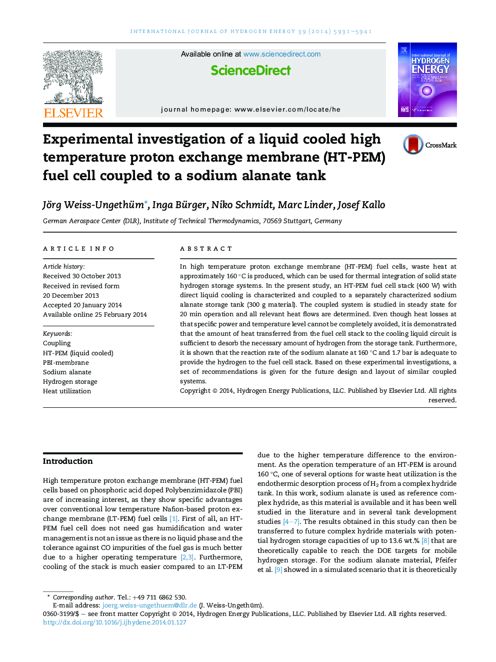 Experimental investigation of a liquid cooled high temperature proton exchange membrane (HT-PEM) fuel cell coupled to a sodium alanate tank