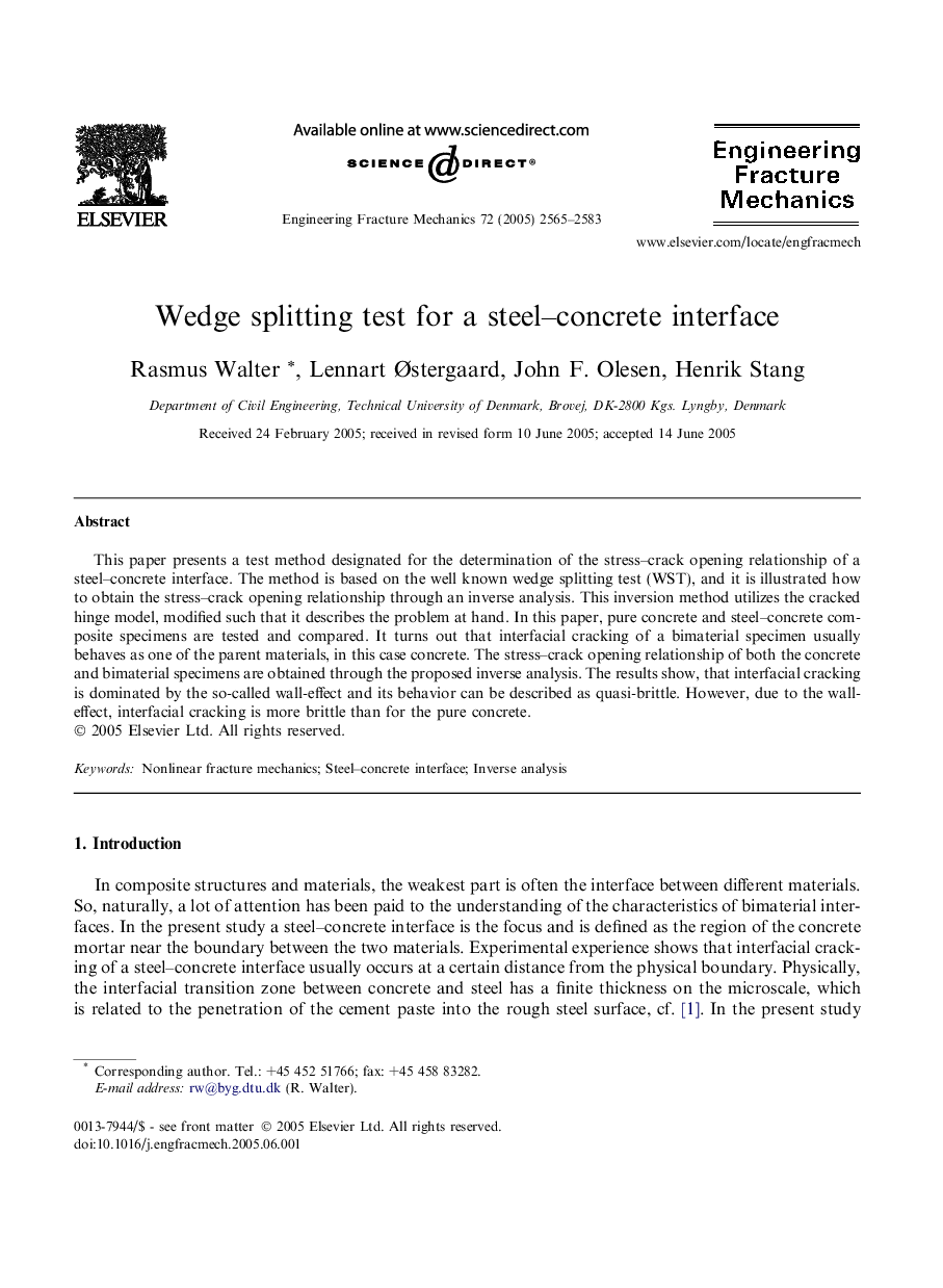 Wedge splitting test for a steel–concrete interface