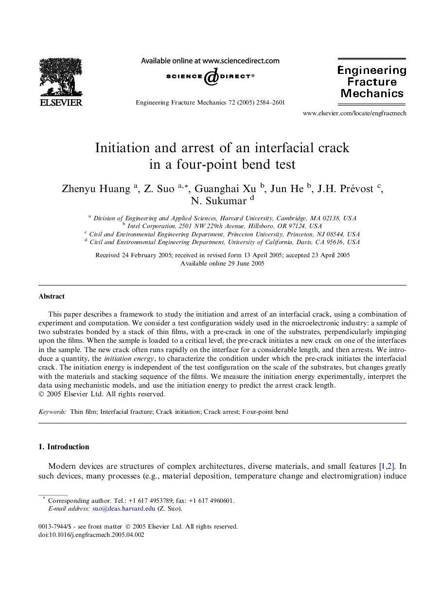 Initiation and arrest of an interfacial crack in a four-point bend test