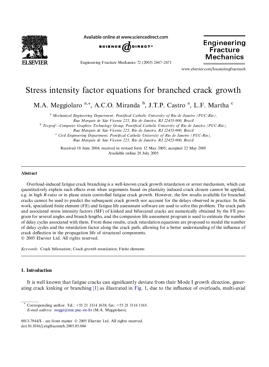 Stress intensity factor equations for branched crack growth